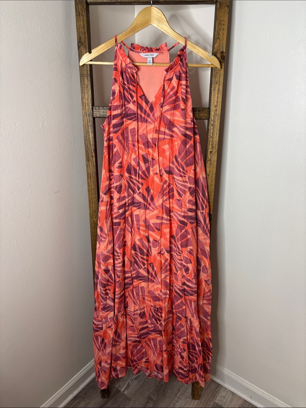 Nine West Coral and Magenta Abstract Halter Maxi Dress